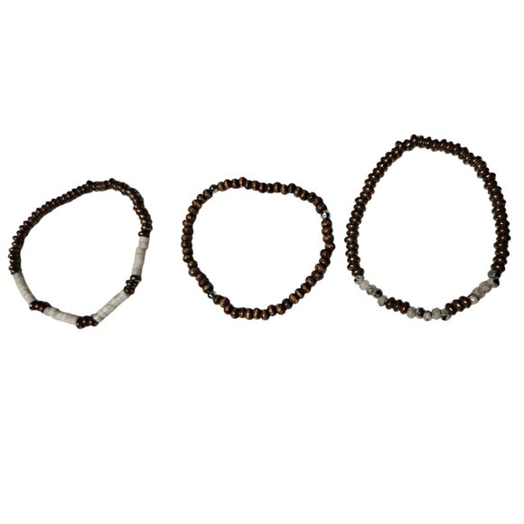Boho Bronze White Seed Beaded Stretch Bracelets Set Of 3 Minimalist Jewelry - Picture 1 of 5